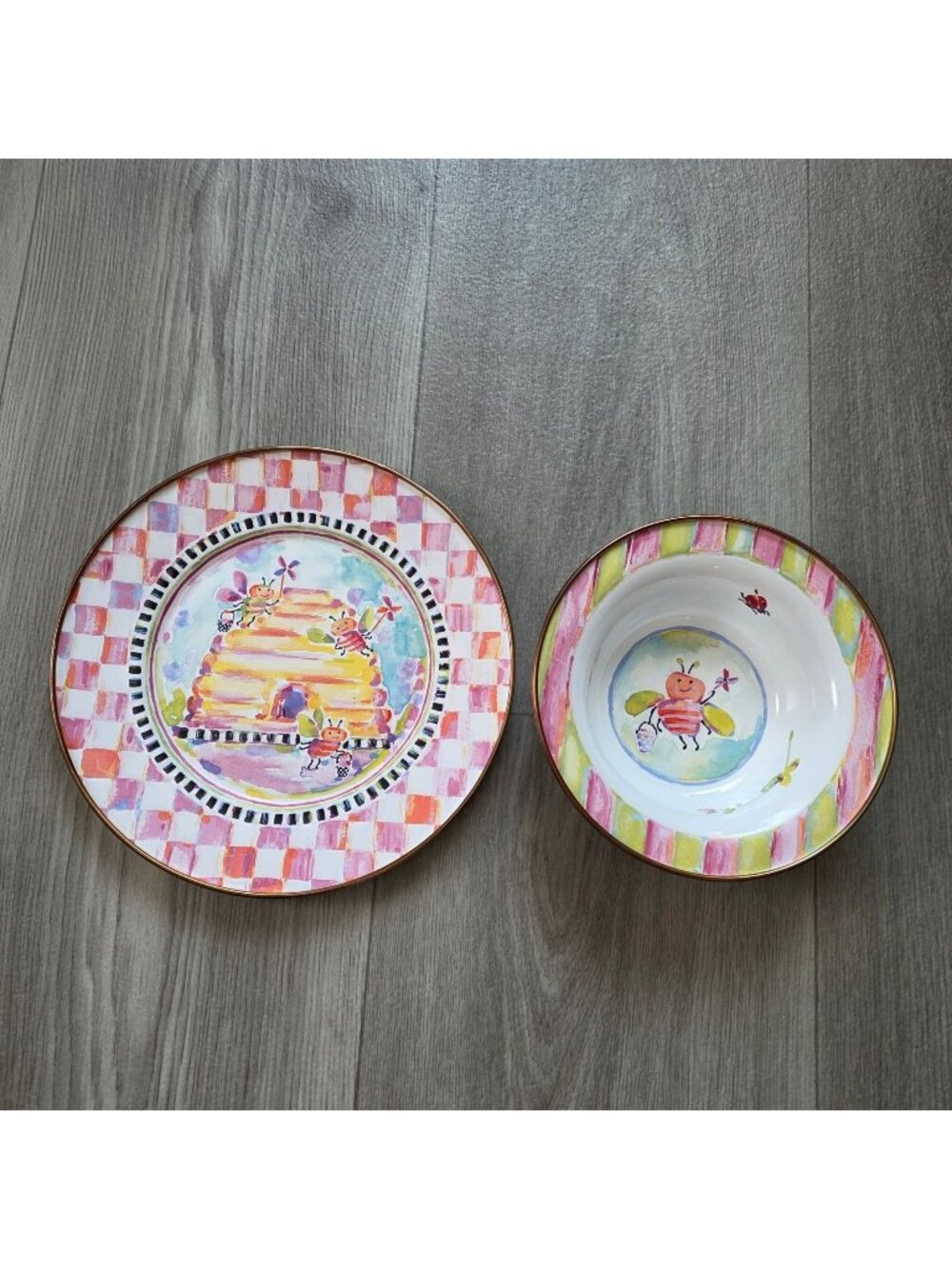 MacKenzie-Childs Enamelware Bowl & Plate Set Bee & Floral Design Gold Trim